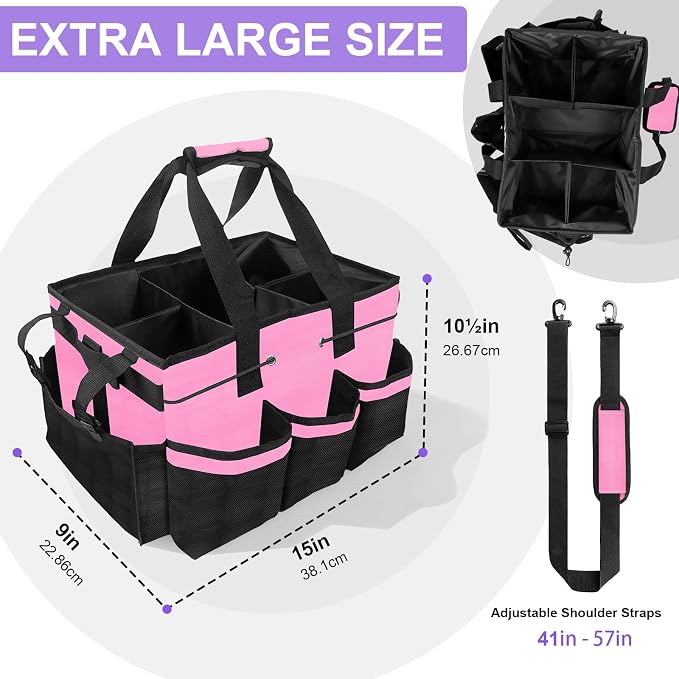 Cleaning Caddy Bag Heavy-Duty Organizer Tote for Housekeepers, Janitors & Home Cleaning Supplies with Adjustable Shoulder Strap & Multiple Pockets (Pink) - Image 7