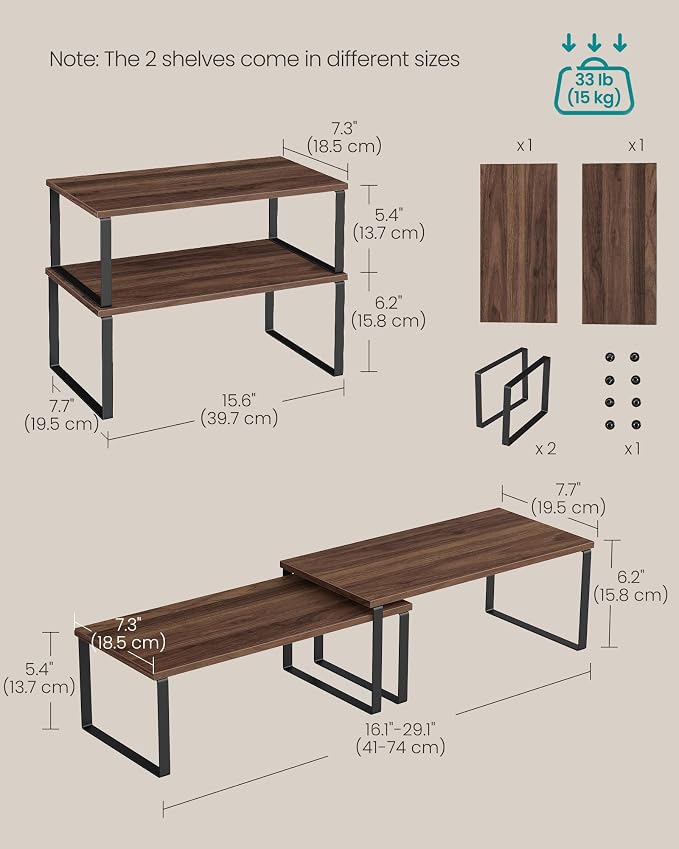 SONGMICS Cabinet Organizer Shelf, Set of 2 Spice Rack, Kitchen Storage | Kitchen Counter Storage Spice Rack, Particleboard, Steel, Natural Walnut and Matte Black, BYSTRO Collection UKCS025K01 - Image 6