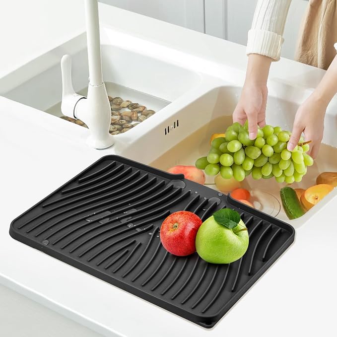 TIKNIK Silicone Dish Drying Mat for Kitchen Counter, Black-1pc, 20" x 15" | Heat Resistant & Non-Slip Dish Drain Pad with Built-In Drain, Dishwasher Safe, Quick-Dry, Hangable & Roll-Up for Storage - Image 7