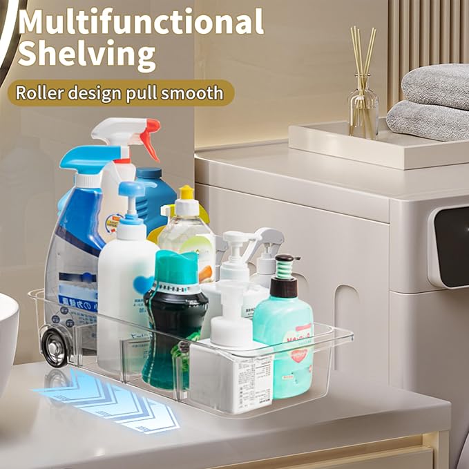 Roll-Out Refrigerator Organizers and Storage, 3 Pack Drawer Fridge Bins | Rolling Fridge Caddy, Silicone Wheels, Adjustable Dividers, Plastic Refrigerator Tray, for Fridge, Pantry, Bathroom & Kitchen - Image 5