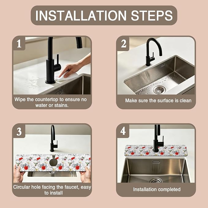 Faucet Mat for Kitchen Sink Poppy Flowers Watercolor Sink Splash Guard Behind Faucet Soft Diatom Mud Material Non-slip Easy to Clean for Bathroom & Kitchen 24"X5.5" - Image 4