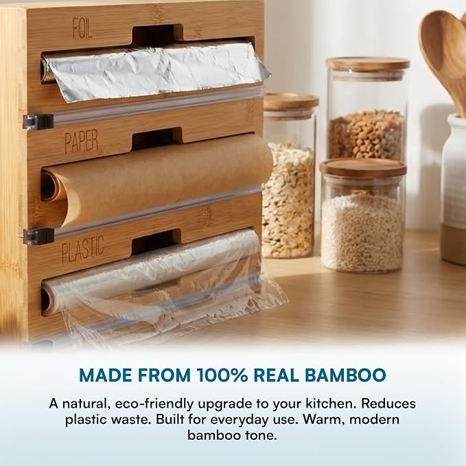 Honey-Can-Do Bamboo Wrap Organizer with Safety Cutter — 3-in-1 Drawer Holder for Aluminum Foil, Wax & Parchment Paper, and Plastic Wrap (Fits 12" Rolls) - Image 6