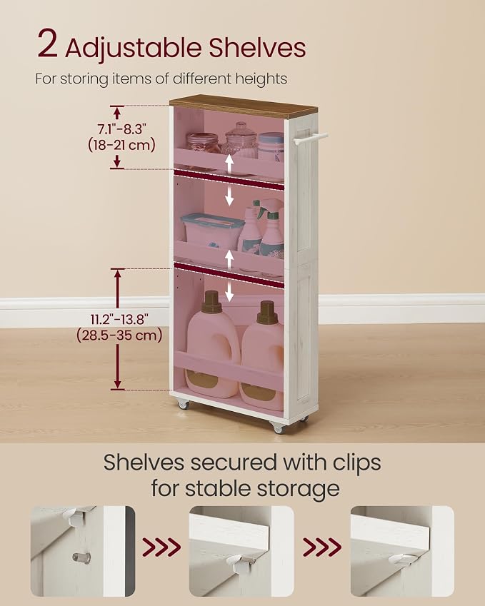VASAGLE 4-Tier Slide-Out Storage Cart, Slim Kitchen Cart for Small Spaces, with Wheels, Handle, Bathroom, Laundry Room, 5.9 x 17 x 34.1 Inches, Rustic White and Honey Brown ULRC050K01 - Image 3
