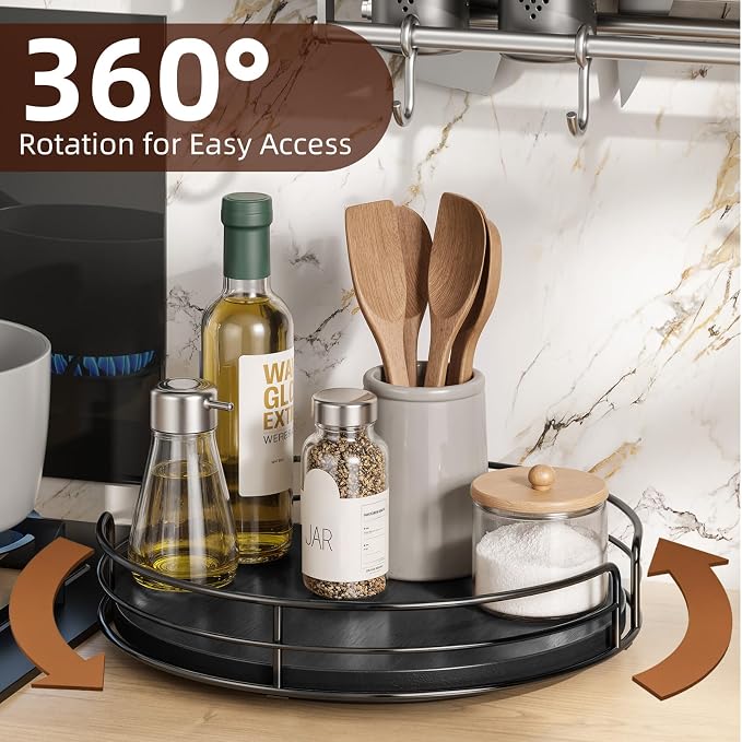 Optish 9" Elegant Lazy Susan, Non-Skid Turntable Spice Organizer, Wooden | 360° Smooth Rotation, Clear Design, Tall Raised Edge, Easy Access, Load 15 lbs, for Spices, Cabinet, Pantry, Fridge, kitchen - Image 2