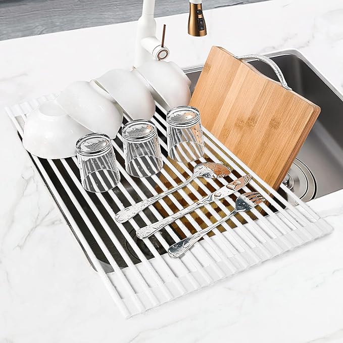 MERRYBOX Roll Up Dish Drying Rack, Silicone Wrapped Over The Sink Dish Rack Foldable Dish Drainer Anti-Slip Dish Racks for Kitchen Sink, Multipurpose Kitchen Sink Drying Rack, 17.5" x 13", White - Image 9