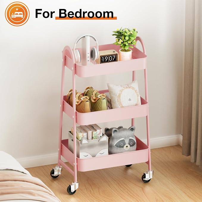 NEWBULIG 3-Tier Metal Rolling Storage Utility Cart with Lockable Wheels | Mobile Organizer Shelf, Space-Saving, Freestanding, Bathroom, Living Room, Slim, Narrow Corner Spaces, Pink - Image 6