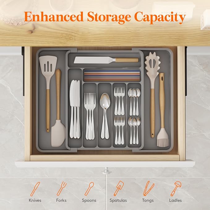 Lifewit Utensil Organizer for Kitchen Drawer, Expandable Cooking Silverware Tray, Adjustable Cutlery Flatware Holder, Plastic Spatula Tools Storage Divider, 11.8-19.6 x 15", Gray - Image 2
