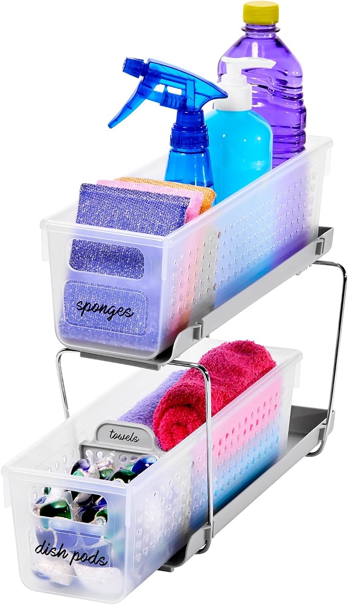 madesmart Mini 2-Tier Organizer, Multi-Purpose Slide-Out Storage with Handles and Dividers for Home and Bath, Frost | pull out bins, adjustable dividers, tiered access, cleaning supplies, under sink use, pantry bottles, woman owned by madesmart%C2%AE