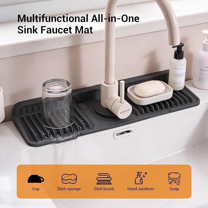 ZJWZLG Faucet Mat for Kitchen Sink, 14"X5.5" Silicone Sink Splash Guard , Snap-On Design & 7°slope Fast Drain, Folding Sink Faucet Mat for Universal Kitchen Bathroom Sink(Black) - Image 2