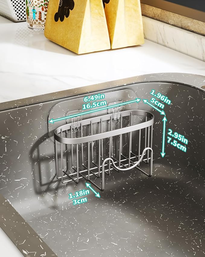 HapiRm Multifunctional Kitchen Sponge Holder with Unique M-Shaped, 2 Installation Ways Sink Caddy, Stainless Steel Kitchen Organizer for Sponge, Brush, Sink Stopper and Scraper -Brushed Nickel - Image 5