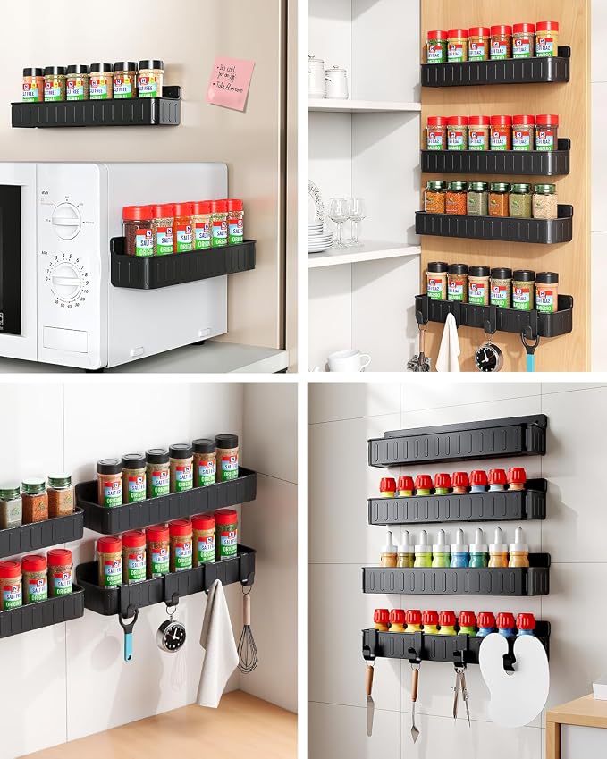Nieifi Spice Rack Wall Mount, 4 Pack Black, 2" Depth, Screw/Adhesive | Wall-Mounted with Removable Hooks Saves Counter Space, Fits 2" Deep Jars, Ideal for Kitchen Cabinets, Pantry Doors, and RVs - Image 6