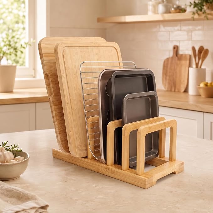5-Slot Adjustable Cutting Board Rack,Bamboo Cutting Board Organizer Stand Holder,Chopping Board Holder,Pot Pan Lid Rack kitchen Shelf Bakeware for Kitchen Storage - Image 5