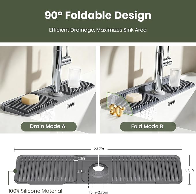 2PCS 24 Inch Faucet Mat for Kitchen Sink, Silicone Splash Guard for Kitchen Sink Area, 7° Slope Fast Self-Draining Sink Mat, Cuttable Hole Design, Sink Backsplash Guard Draining Mat, Dark Grey - Image 5