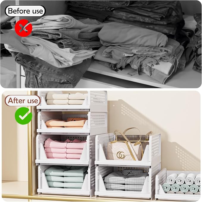 4 Pack Folding Closet Organizers Storage Box, Stackable Storage Bins, Plastic Drawer Basket Closet Storage for Wardrobe Cupboard Kitchen Bathroom Office White-4L | White Stackable Plastic Drawer Bins for Closets, Wardrobes, Kitchens, Bathrooms, Offices - Image 5