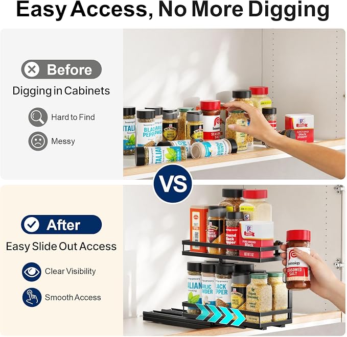 2 Tier Pull Out Spice Rack - for Inside Cabinet with Front Lips | Peel-and-Stick No Drilling Setup, Smooth Slide Access for 1-8 Oz Spice Jars, Cabinet Storage, Daily Cooking Use, Daily - Image 3