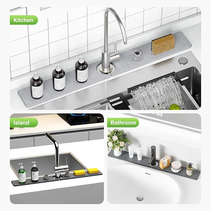 Premium Stone Faucet Mat for Kitchen Sink, 30" x 4" Light Gray | Quick Drying & Water Absorbent, Sink Splash Guard Tray for Prevents Moisture Buildup - Image 8