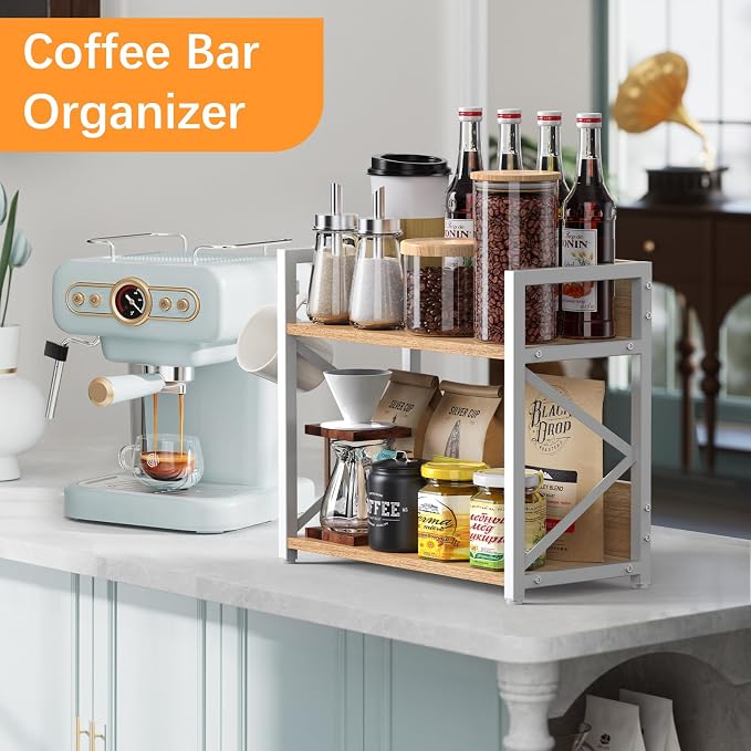 RUILALIFE Spice-Rack-Organizer-Shelf for Kitchen Counter, 2 Tiers Coffee Bar Station Organizer for Countertop，Space Saving Desk Shelving Riser Unit (Maple, Medium) - Image 3