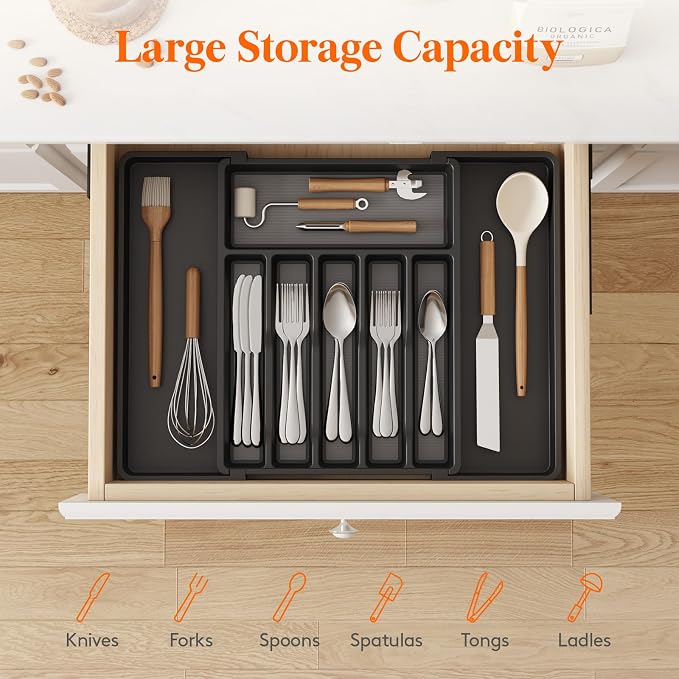 Lifewit Extra Large Silverware Drawer Organizer, Expandable Utensil Tray | BPA Free Flatware Cutlery Holder for Kitchen, Adjustable Plastic Storage for Spoons Forks Knives, 13-22.4 x 16.7, Black Gray - Image 5