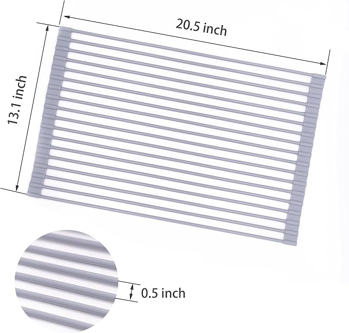 Bigdata&BetterLife Roll Up Dish Drying Rack Simple Large Space Saving Dish Drying Mat with Rack for Kitchen Foldable Silicone Coated Stainless Steel Heavy Duty Dry Rack (Gray, 20.5" x 13.1") - Image 2