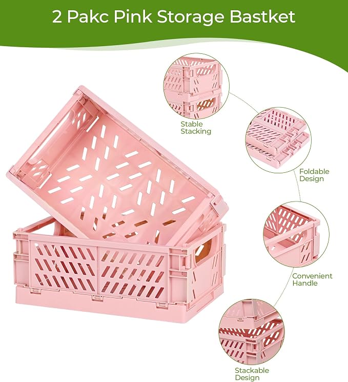 HUUSMOT 4-Pack Collapsible Plastic Storage Baskets, Pink, 9.8"x6.5"x3.8" | Pastel, Space-Saving, Collapsible Plastic Bins, Cute Mini Storage Crates, for Classroom, Kitchen, Office, Bedroom - Image 2