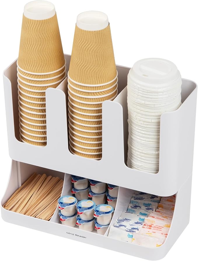 Mind Reader Cup and Condiment Station, 13 Inch Countertop Coffee Bar Organizer with 6 Compartments, Storage Caddy for Cups, Lids and Packets, Plastic, White 13" L x 6.4" W x 11.5" H (Pack of 4) - Image 5