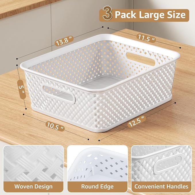 MaxGear 3 Pack Plastic Storage Baskets, Large, White | Durable Woven Plastic with Built-In Handles, Suitable for Shelves, Closets, Cabinets, Bathrooms and Offices - Image 3