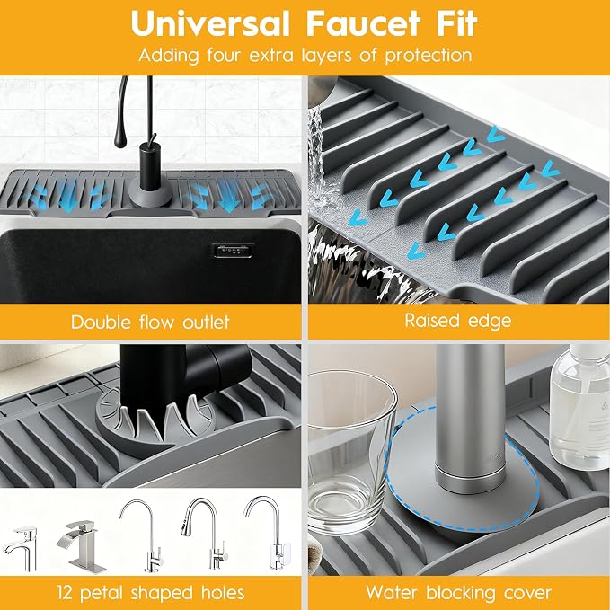 24" Silicone Faucet Mat for Kitchen Sink of The Lastest, Dark Grey | 8° Slope Fast Self-draining, Kitchen Sink Water Splash Guard, Behind Faucet Draining Mat, for Bathroom Kitchen Sink Area - Image 7