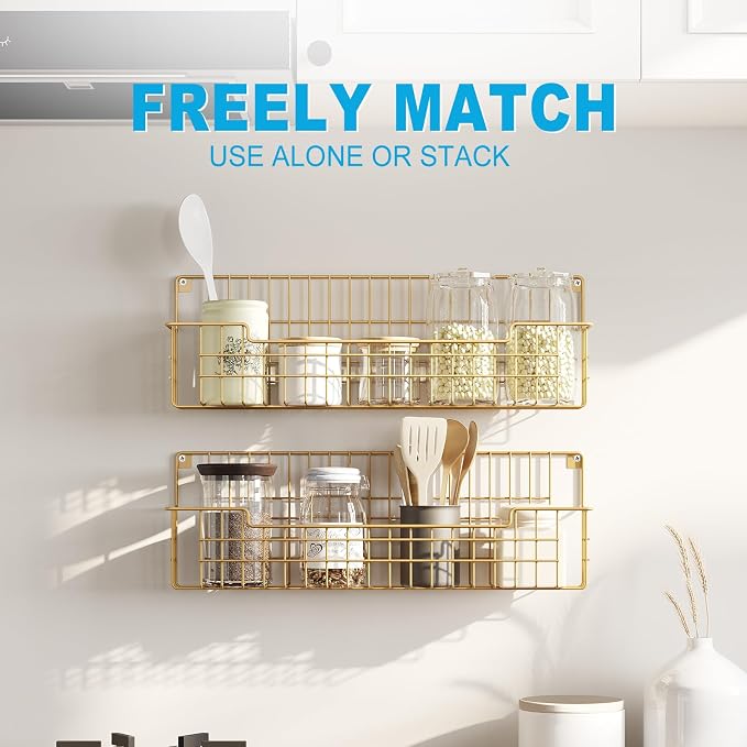 Spice Rack Wall Mount, 4 Pack Spice Organizer, Gold | Wire Spice Rack, Spice Storage Shelf, Space-Saving, For Kitchen Cabinet, Pantry Door, RV - Image 6