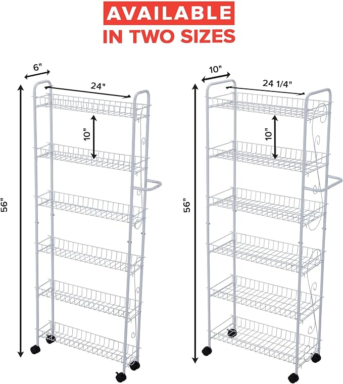 Slim Rolling Pantry Cart 6-Tier Shelf - Space-Saving Kitchen & Spice Rack on Wheels, 6" Deep, White Metal - Image 7