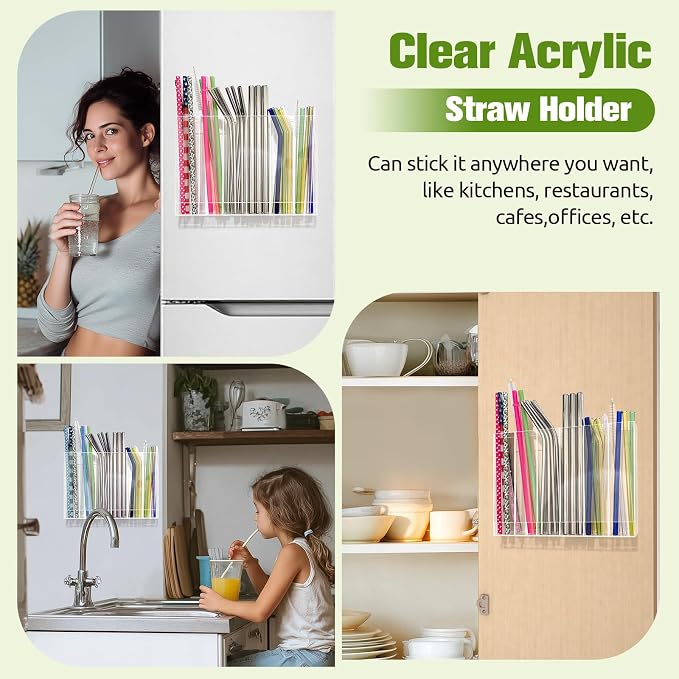 9.6” Large Acrylic Straw Holder for Cabinet Door - 6 compartments, easy to clean, Reusable Tumbler Straw Organizer Storage, Small Kitchen Accessories Container, Ultra Sticky Cupboard Door Mounted - Image 4