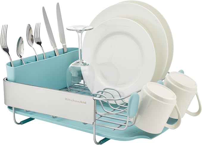 KitchenAid Compact Space Saving Rust Resistant Dish Rack with Removable Flatware Caddy and Angled Self Draining Drainboard, 12.63 x 15.87 x 5.54 Inch, Mineral Water - Image 6