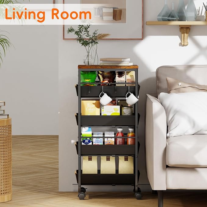 5-Tier Kitchen Storage Cart, Wood Top Rolling Cart Organizer with Pull-Out Baskets & Wheels, Metal Snack Cart with Holder for Fruit, Vegetable, Microwave, Kitchen, Pantry, Black - Image 4