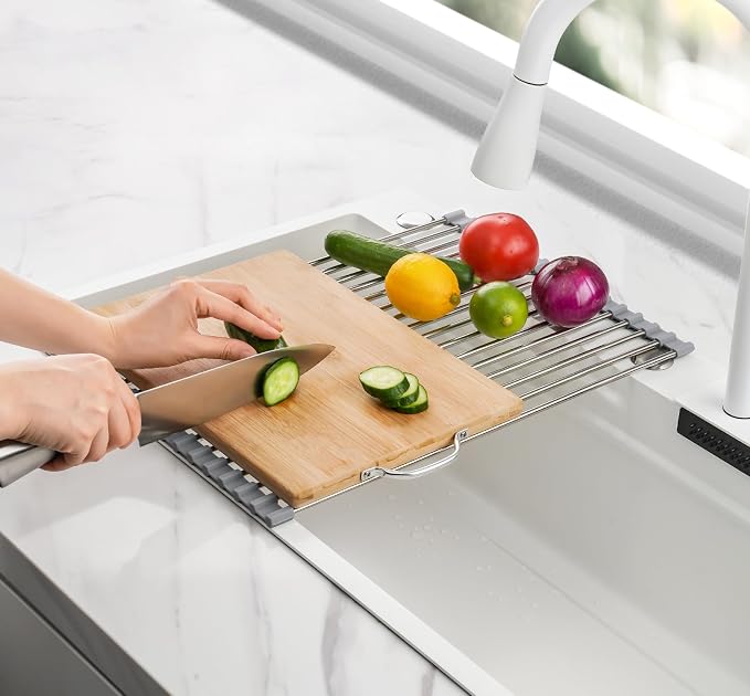 Tomorotec Roll Up Dish Drying Rack Over Sink, 304 Steel, 17.7x12.5, Grey | Anti-Slip Silicone Rims For Grip, Heat-Resistant Trivet Mat Holding Heavy Cookware, Rustproof Kitchen Counter Space Saver - Image 7