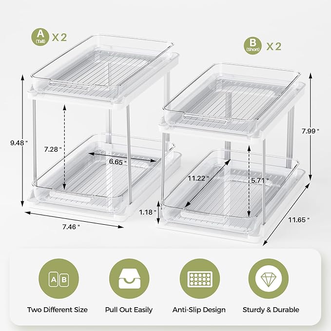Delamu 2-Tier Bathroom Under Sink Organizers and Storage, Pull Out Cabinet Drawers with Anti-Slip Design, Multi-Purpose Storage for Kitchen, Pantry, Bathroom & Home Organization, White, 4 Pack - Image 2