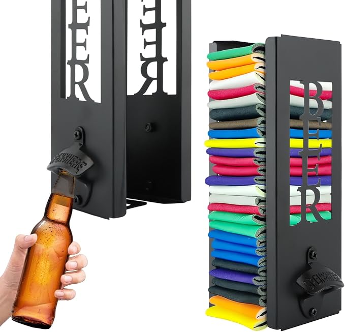 2 in 1 Can Cooler Holder with Bottle Opener, Personalized Beer Can Sleeves Storage Organizer Dispenser for Home Family Bar, Metal Cool Stuff Gift for Men Women(COLOR:Black) by Unknown