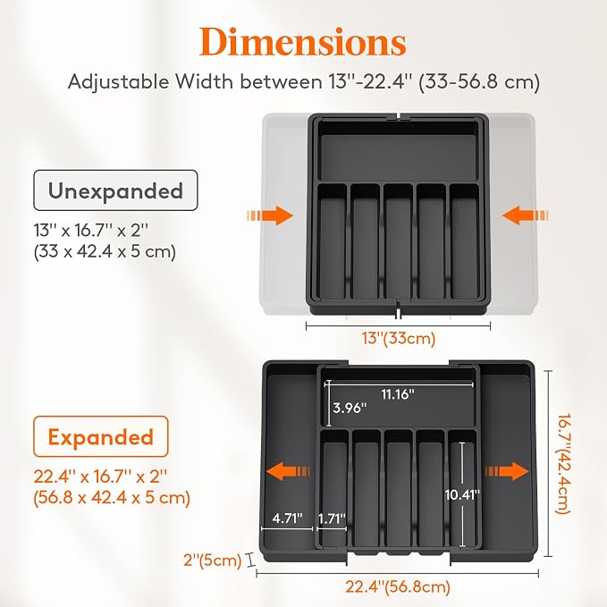 Lifewit Extra Large Silverware Drawer Organizer, Expandable Utensil Tray | BPA Free Flatware Cutlery Holder for Kitchen, Adjustable Plastic Storage for Spoons Forks Knives, 13-22.4 x 16.7", Black - Image 3