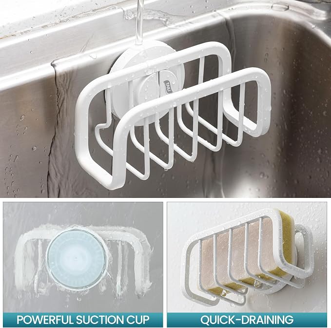 TAILI White Sponge Holder for Kitchen Sink with Strong Suction Cup | Removable Sink Caddy for Kitchen Sink Oganizer, Rustproof Aluminum Sink Sponge Holder for Scraper Brushes, Stoppers - Image 5