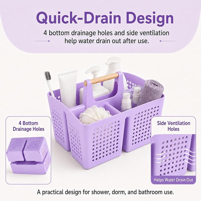 Portable Shower Caddy Basket with 3 Compartments and Handle, Purple | Plastic Divided Beauty Caddy Organizer for Hair Care, Cosmetics, Toiletries, Craft Supplies, Dorms and Vanities - Image 7