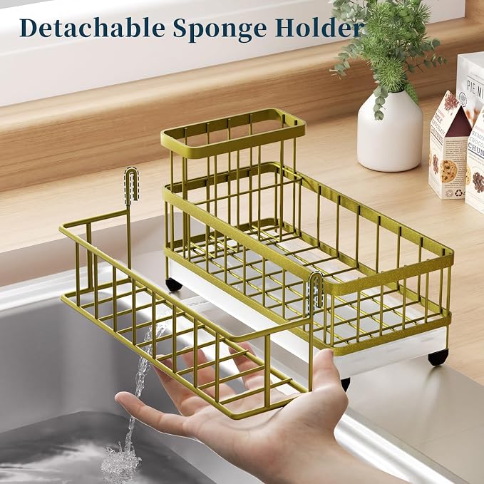 Consumest Sponge Holder for Kitchen Sink - Auto Draining Sink Caddy Organizer with Detachable Rack, High Brush Holder, Kitchen Countertop Storage Accessories, Light Gold - Image 4