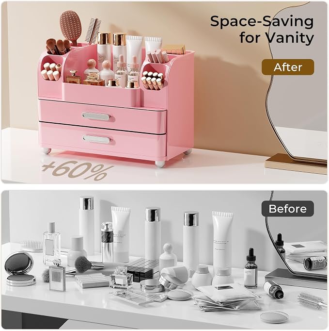 UFORU Makeup Organizer Countertop with 2 Large Drawers for Vanity Bathroom | Brush Holder, Large Capacity, Thickened Plastic, Compact Footprint, Space-Saving Design, Easy Clean, Ideal for Dorm Rooms - Image 6