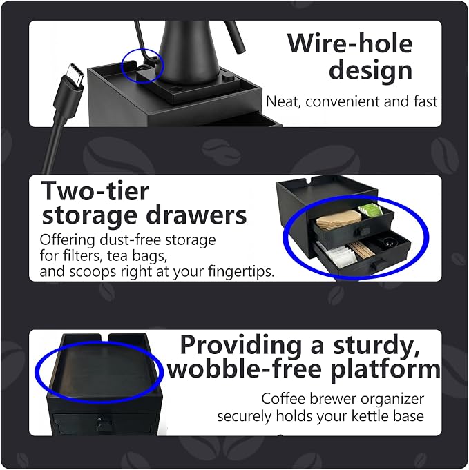 Coffee Brewer Organizer for Intasting Electric Kettle,Two-tier design | with elevated kettle platform and pull-out storage drawer,Elevated Pour Over Coffee Maker Holder for Beans,Tea & Accessories - Image 2