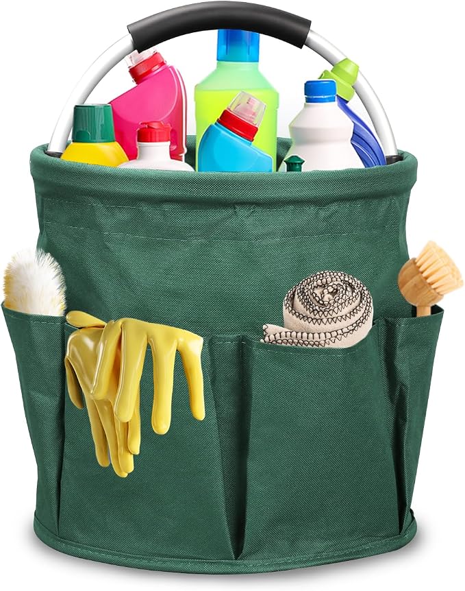 Qivine 17L Cleaning Caddy with Handle, Foldable Cleaning Supply Caddy Green | Cleaning Caddy for Cleaning Supplies, Portable Cleaning Supplies Organizer with 6 Pockets, Cleaning Bucket for Kitchen Garden by Qivine
