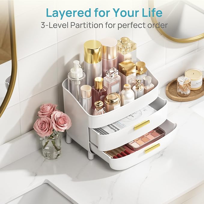 Vtopmart 3-Tier Skincare Makeup Organizer with Drawers, White | For Vanity,Dresser and Bathroom Countertop, Large Cosmetic Storage Box Case, , With Drawer, Non-Slip Base - Image 4