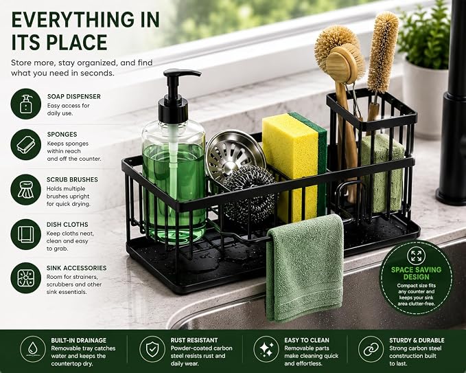 Kitchen Sink Caddy Organizer with Removable with Drain Tray, Rustproof Sponge Holder for Kitchen Counter, Carbon Steel Sink Organizer for Soap Dispenser, Sponge, Scrub Brush & Cleaning Accesories - Image 7