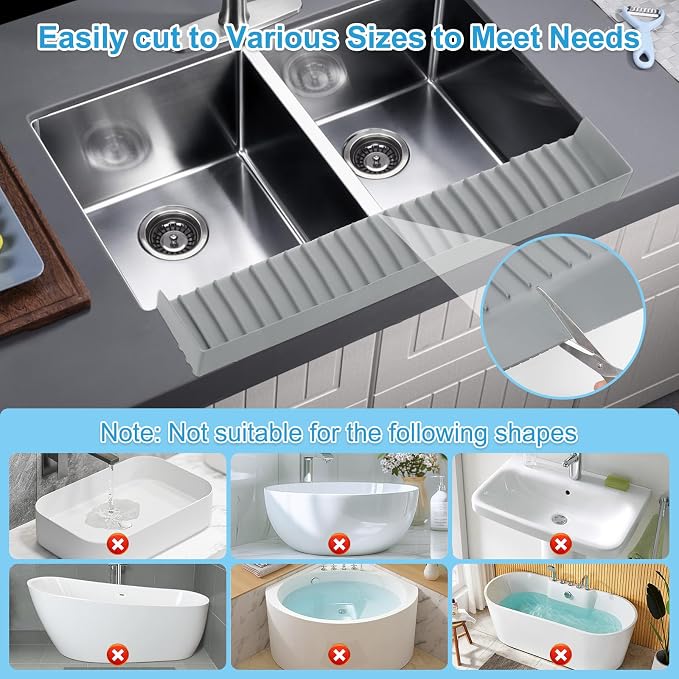 Silicone Faucet Splash Guard 4" x 30", Faucet Water Catcher Mat, Longer Silicone Sink Mat for Kitchen, Bathroom, Laundry Room, Farmhouse for Quartz Kitchen Sink（Gray） - Image 3