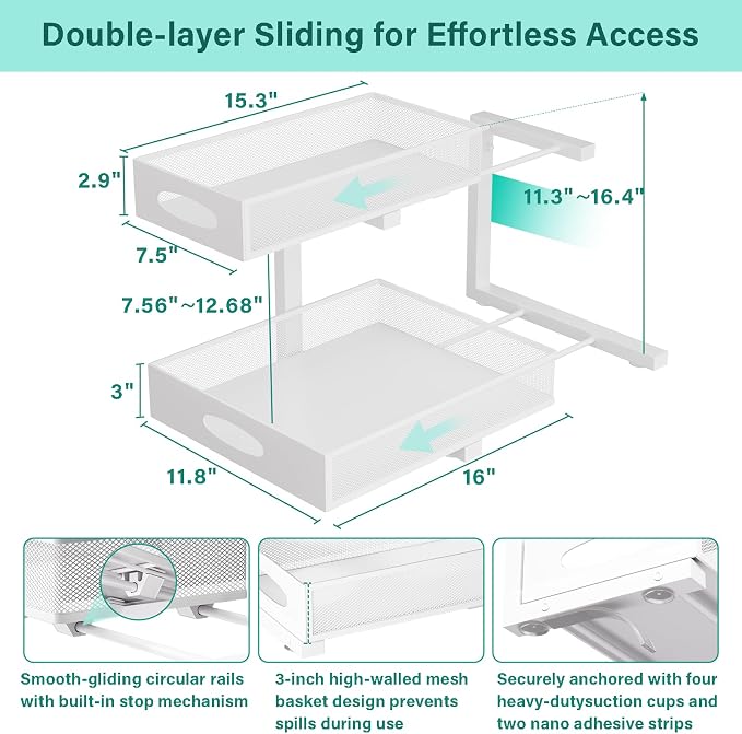 Under Sink Organizer, Extra-Wide Upgrade, 1 Pack 2 Tier Metal Slide Out Cabinet Organizer, Height Adjustable Organization and Storage Series, Bathroom/Cabinet/Kitchen organization, White - Image 2