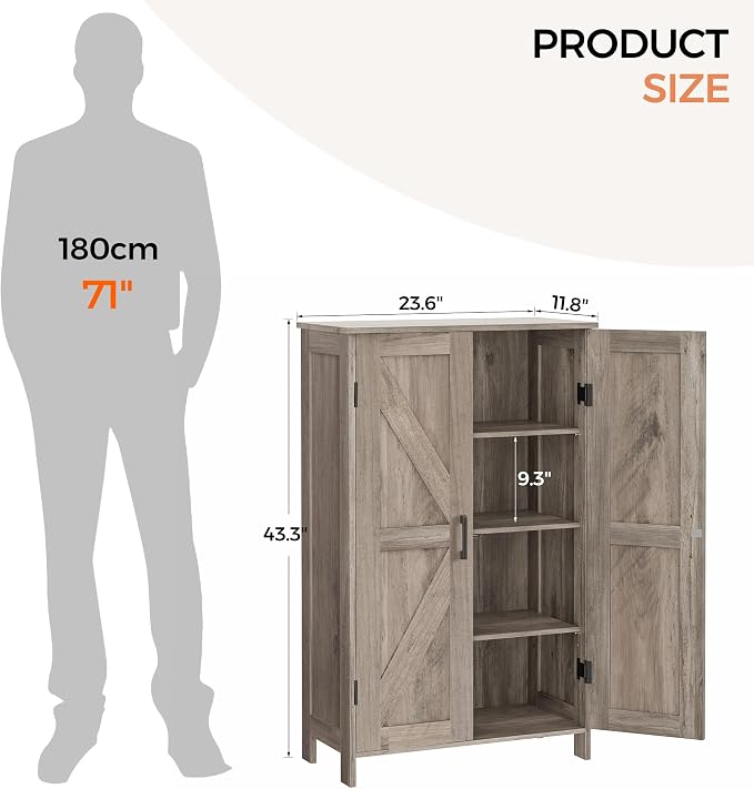 Homleke 43.3" H Farmhouse Bathroom Storage Cabinet with Adjustable Shelves | Freestanding Storage Cabinet with Barn Doors for Bathroom, Kitchen, Living Room, Dining Room & Entryway, Greige - Image 3