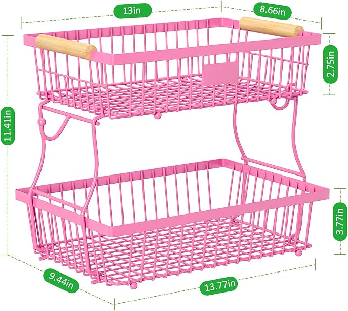2 Tier Fruit Basket for Kitchen Counter with 2 Banana Hangers, Countertop Metal Fruit Bowl with Wooden Handle, Large Storage Stand for Vegetables, Snacks, Breads, Produce Storage – Rose Pink - Image 5