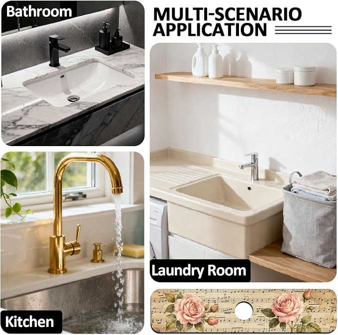 2 Pcs Kitchen Sink Splash Guard Faucet Mat Retro Sheet Music Flowers Pattern Faucet Mat for Sinks Flower Absorbing Drying Mats for Kitchen Bathroom - Image 7