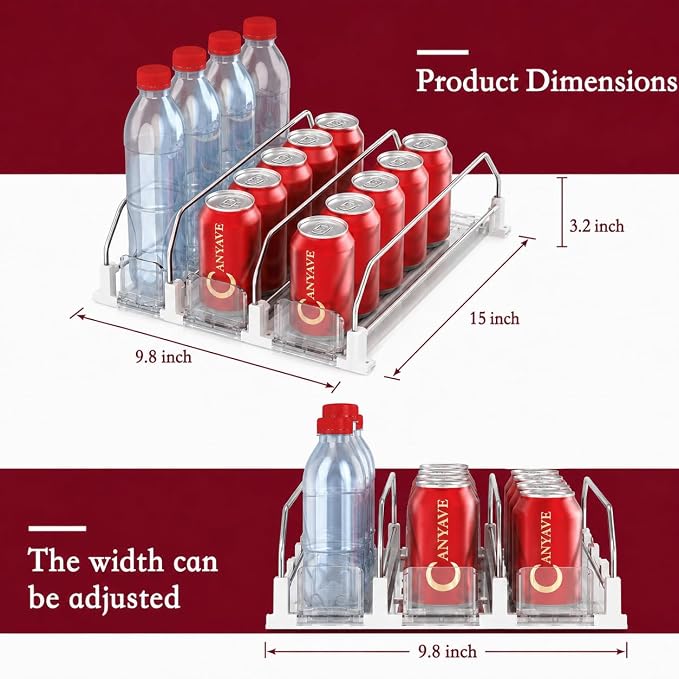 Self-Pushing Beverage Organizer for Fridge – Adjustable Spring Loaded Drink Dispenser & Soda Can Organizer – Clear Glide Rack Fits Cans, Bottles, Slim & Standard Sizes for Kitchen Pantry (3Rows) - Image 2